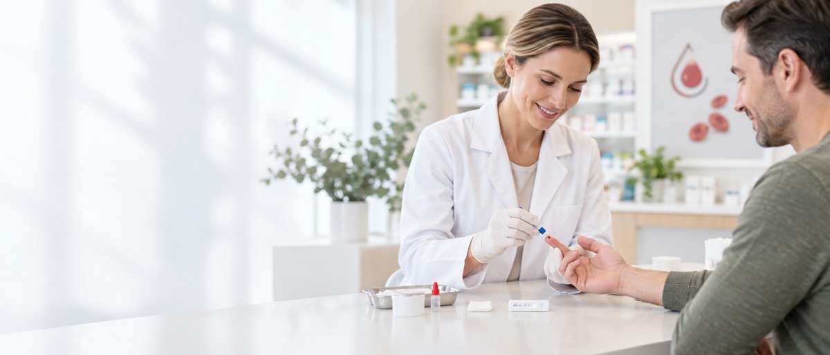 Helles Sliderbild zum Ferritin-Test in der Apotheke: Eine Apothekerin entnimmt einem Kunden einen Blutstropfen aus der Fingerbeere, um den Ferritin-Wert per Schnelltest zu bestimmen.