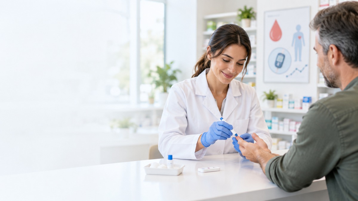 HbA1c-Test zur Bestimmung des Langzeitblutzuckers in der Apotheke Helles Sliderbild zum HbA1c-Test in der Apotheke: Eine Apothekerin führt bei einem Kunden einen kleinen Bluttest aus der Fingerbeere durch, um den Langzeitblutzucker zu bestimmen.